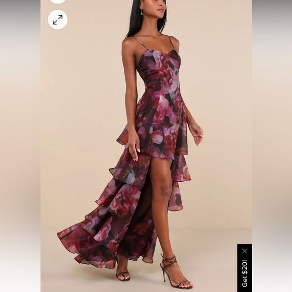 Lulus Stylish Decision Black And Magenta Floral Ruffled Maxi Dress - Picture 3 of 4